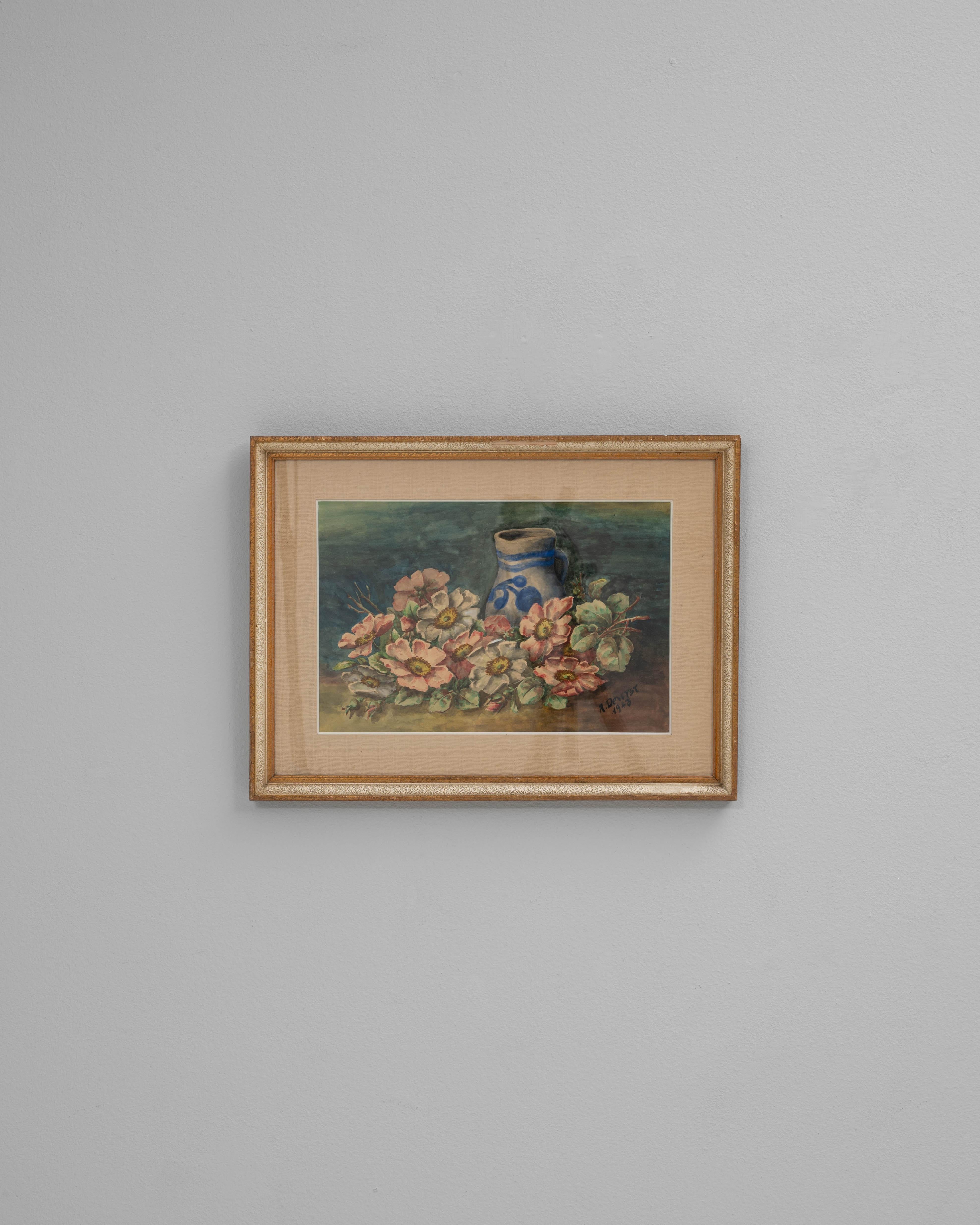 1943 Belgian Wall Art With Wooden Frame In Good Condition For Sale In High Point, NC