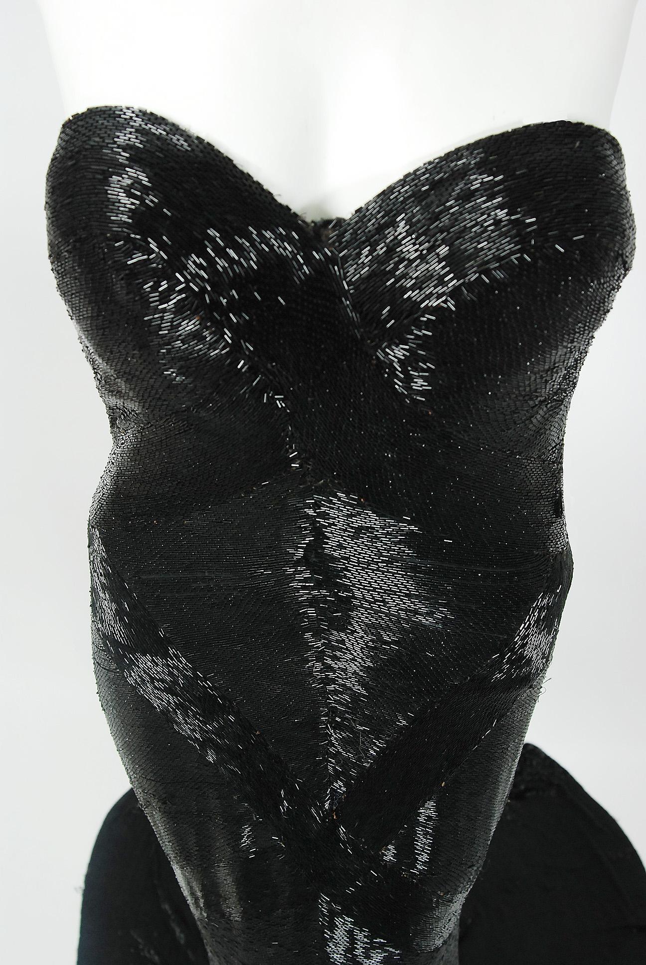 1943 Gilbert Adrian Couture Black Beaded Strapless Gown Worn By Lana Turner In Good Condition In Beverly Hills, CA