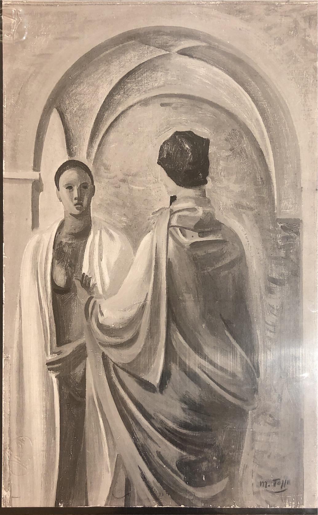 Oil on canvas, representing two human figures gently speaking, this 1943 painting by Mario Tozzi has been authenticated by the official Archive of Mario Tozzi ( see reference Arch.772 - Cat.43/7). Size: 62 x 40 cm. Red signature on the bottom right