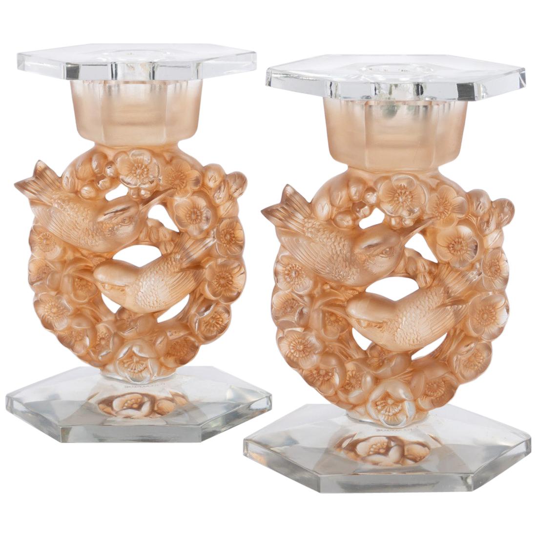 1943 Original Rene Lalique Pair of Mesanges Candleholders Glass & Sepia Patina