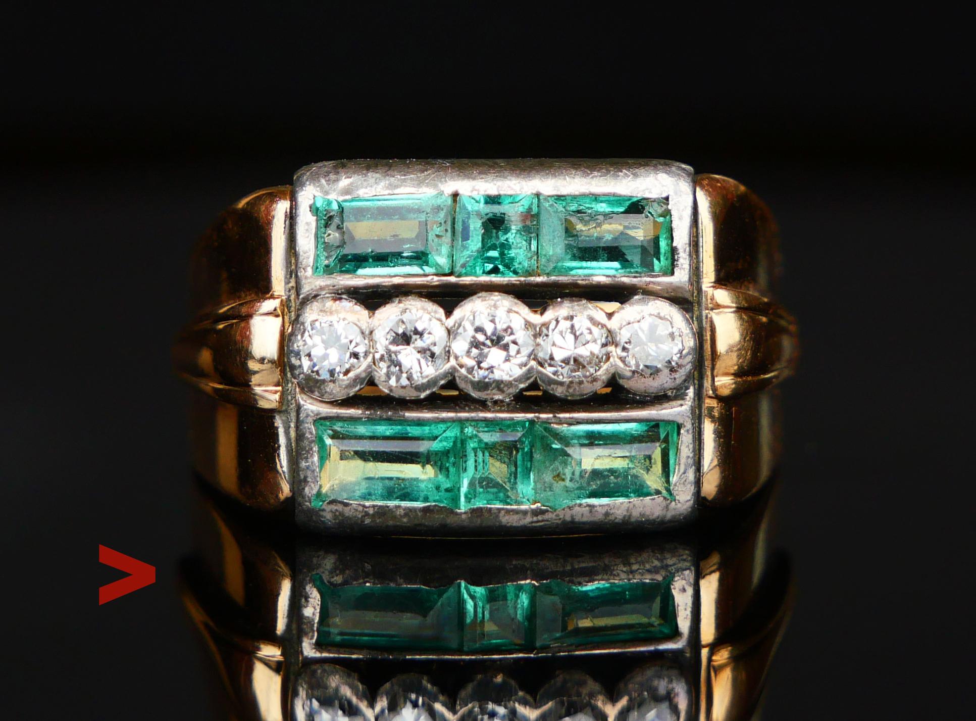 Jolie bague à grappes avec de larges épaules et une couronne carrée contenant des émeraudes naturelles et des diamants sertis dans des grappes d'argent.

Poinçons suédois, 18 carats, trois couronnes, marque de fabrique difficile à lire, Stockholm,