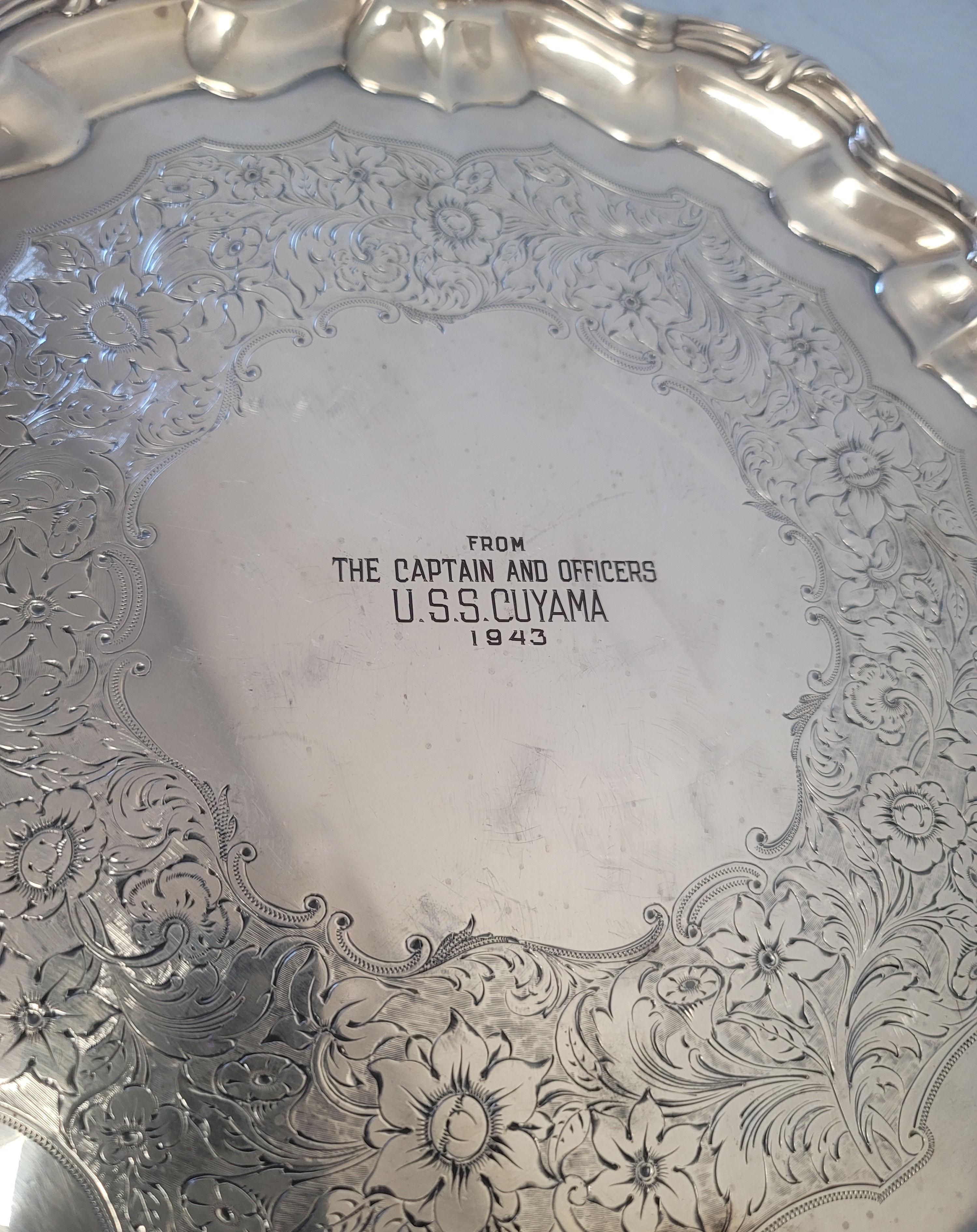 English 1943 USS Cuyama Footed Silverplate Salver For Sale