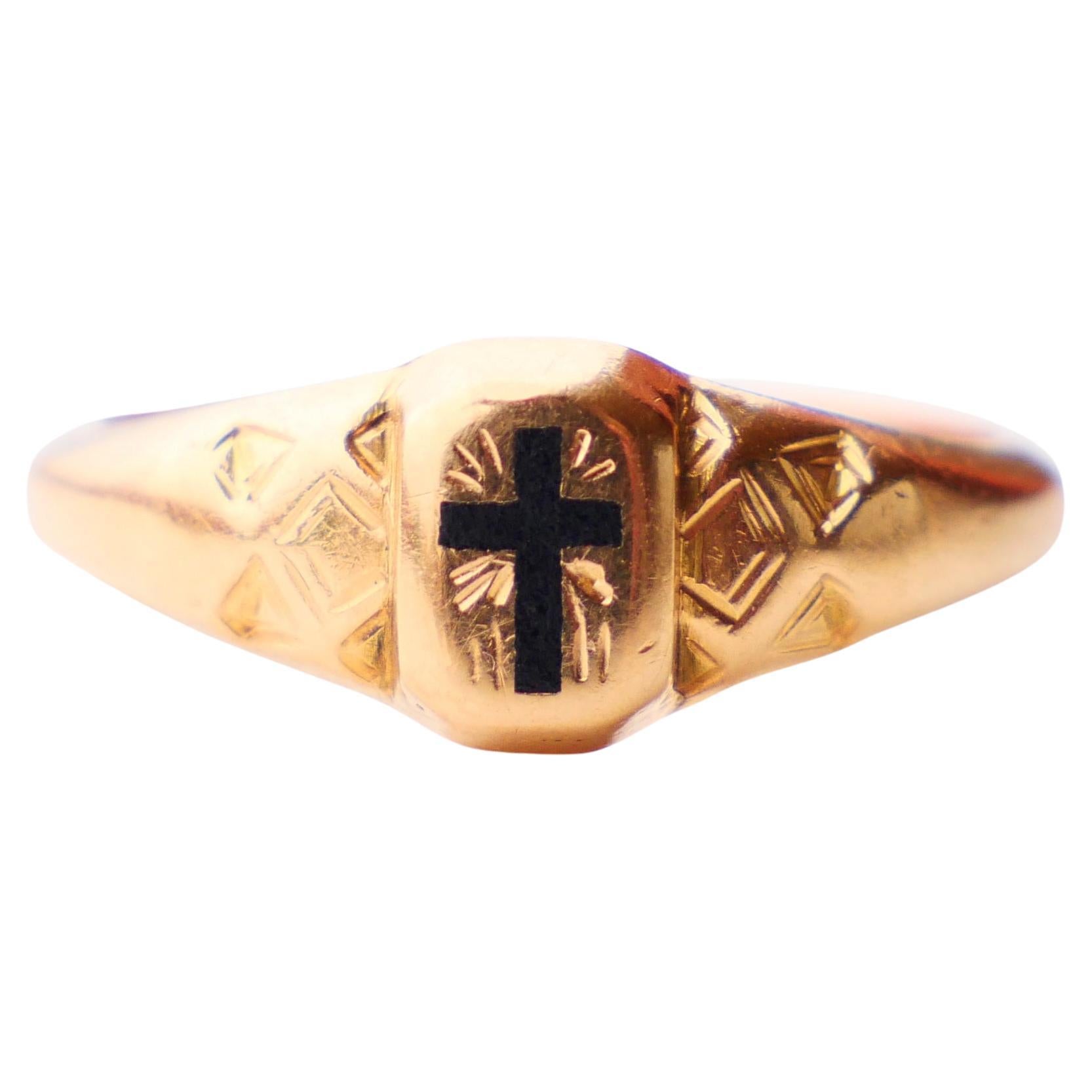 1944 Finland Cross Ring solid 18K Gold Enamel Ø5.5US/1.9gr For Sale