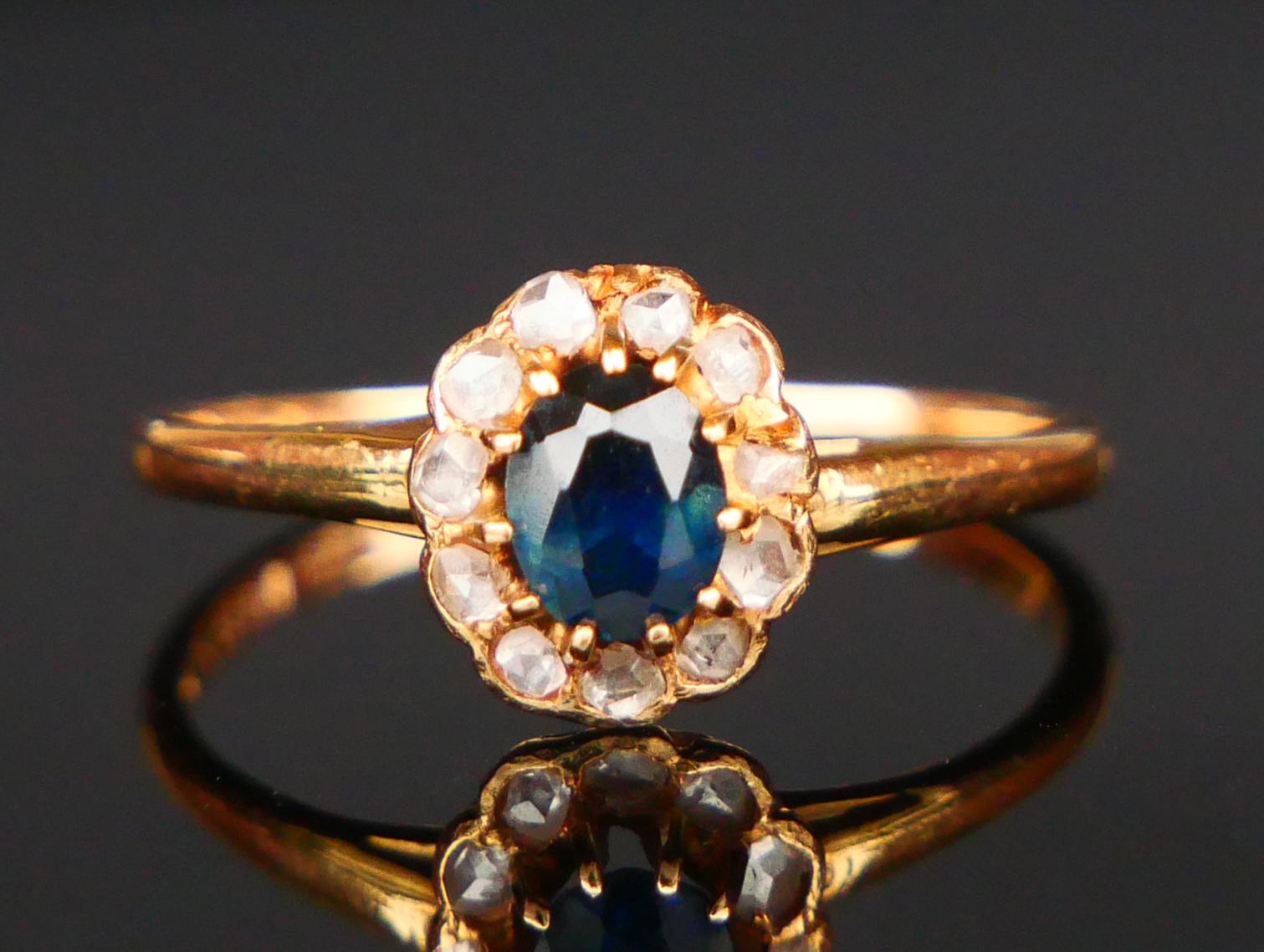 Anello Halo 1944 con zaffiro naturale da 0,5 carati e diamanti in oro massiccio 18 carati Ø 5,5 US / 1,6 gr. in vendita 3