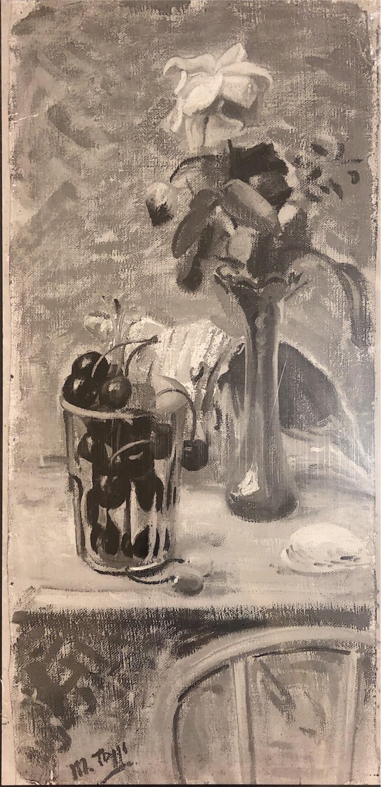 Still life, oil on canvas, painting by Mario Tozzi representing a vase with flowers, a huge shell and a glass filled with cherries. This 1944 painting has been authenticated by the official Archive of Mario Tozzi, (reference Arch.771 - Cat.44/9).