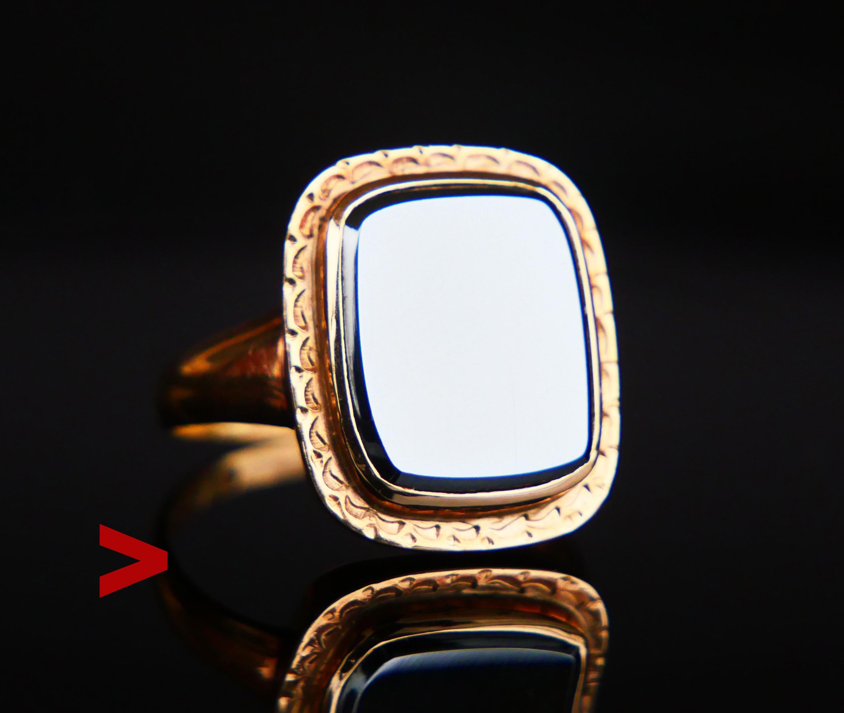 Men Signet Ring in elegant design  decorated with highly reflective stone.

Full set of Swedish hallmarks , 18k, maker's and date code is S8 / made in 1944.

Crown is 18 mm x 15 mm x 4mm, with engraved decor on the edge.Orange Gold, radiant cut