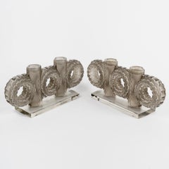 1944 René Lalique - Pair Of Art Deco Candlesticks Cluny Glass Grey Patina