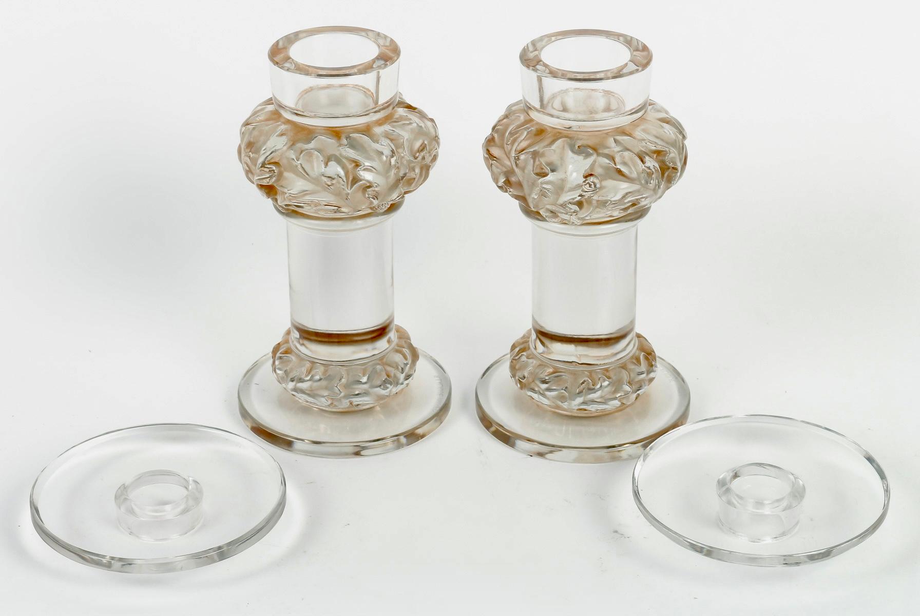 French 1944 René Lalique - Pair of Candlesticks Chene Oak Glass with Sepia