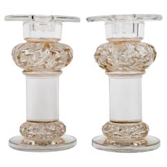 1944 René Lalique - Pair of Candlesticks Chene Oak Glass with Sepia