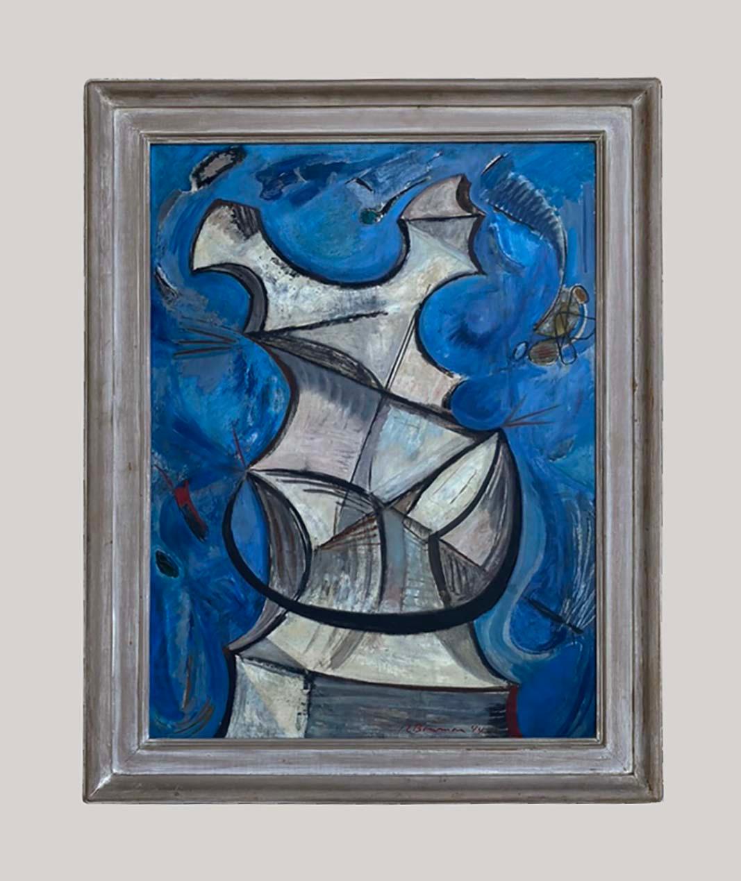 Ecco uno straordinario dipinto del pittore modernista della Bay Area California Richard Bowman (1918-2001). Quest'opera fa parte della sua serie Rock and Sun del 1940, molto apprezzata.  Questo esemplare in particolare presenta una decisa influenza