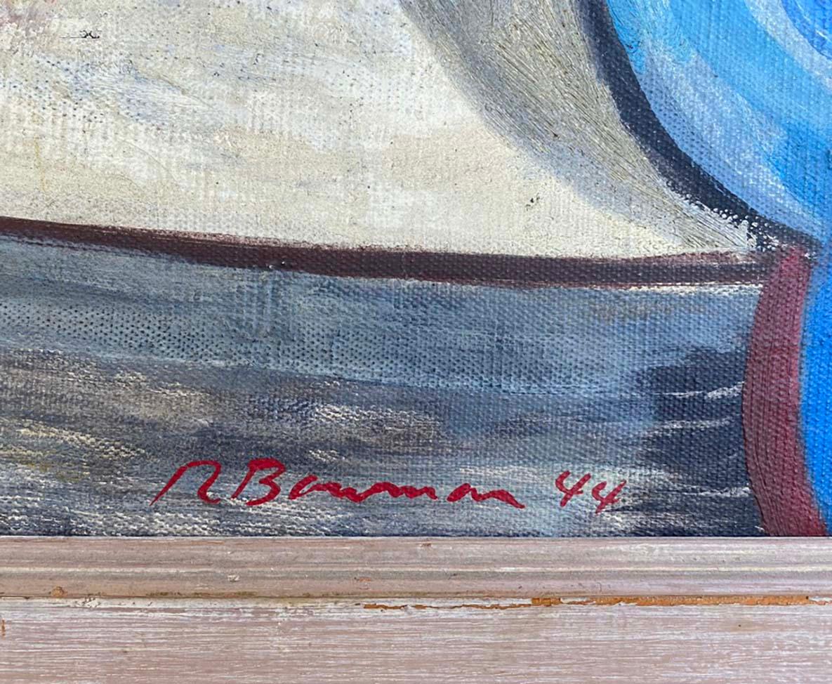Mid-Century moderno 1944 Roccia e sole Olio astratto modernista su tela di A. Richard Bowman in vendita