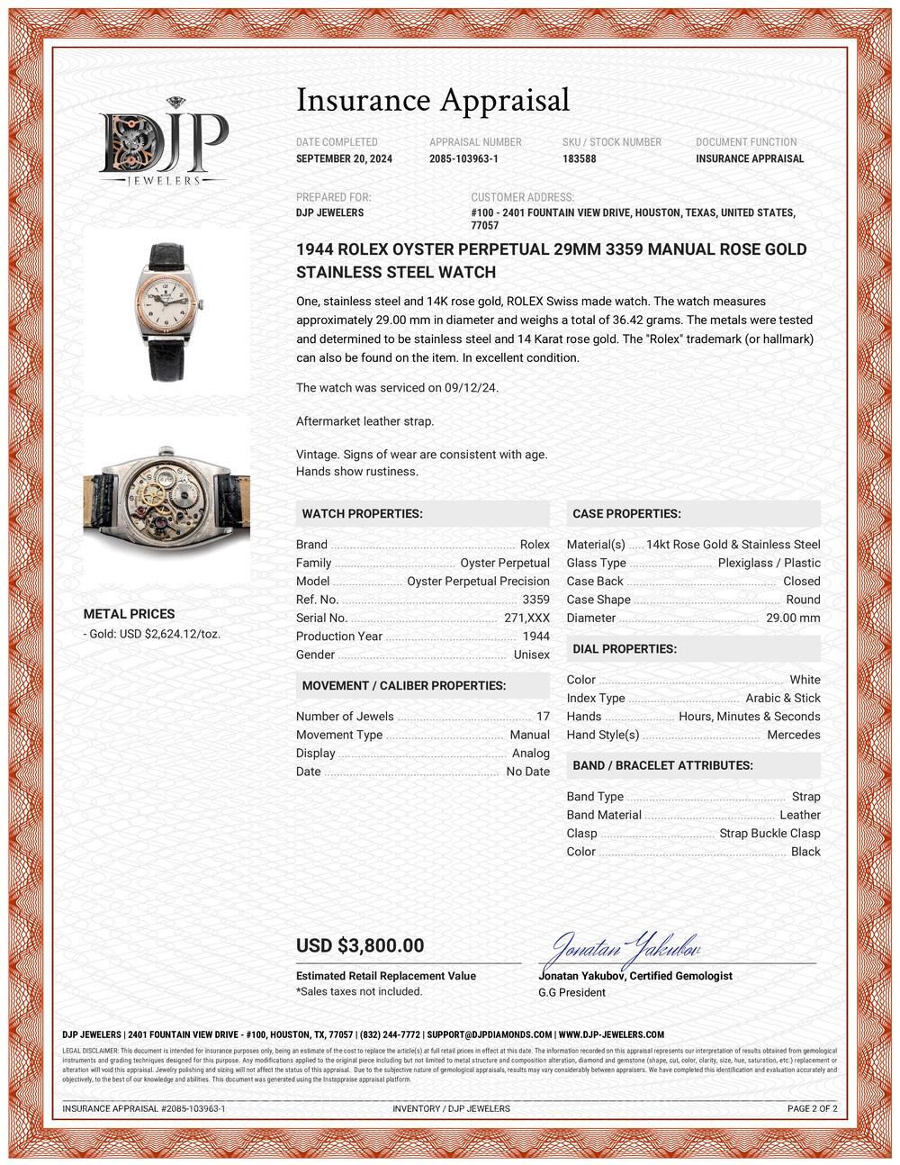 1944 Rolex Oyster Perpetual 29MM 3359 Manual Rose Gold Stainless Steel Watch 10