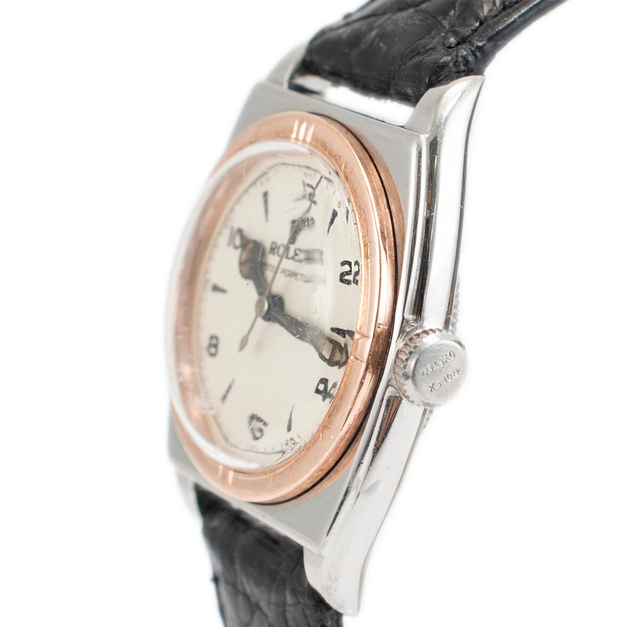 1944 Rolex Oyster Perpetual 29MM 3359 Manual Rose Gold Stainless Steel Watch In Excellent Condition In Houston, TX