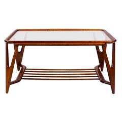 1945-1950 Mesa de centro grande, madera de cerezo y cristal, Italia