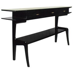 1945-1950 Large Console, Stained Walnut, Three Drawers, Golden Glass, Italy