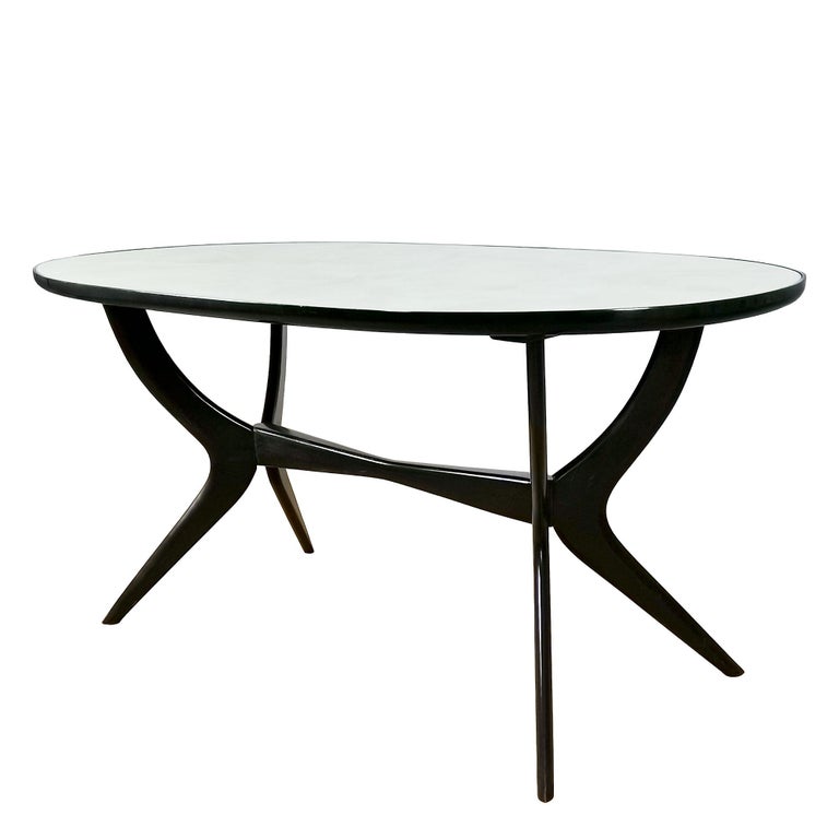 Mid-Century Modern 1945-50 Oval Dining Table, Beech Wood, Original Back Painted Glass, Italy For Sale