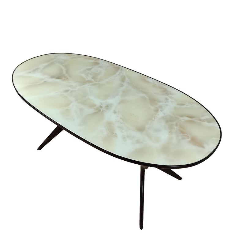1945-50 Oval Dining Table, Beech Wood, Original Back Painted Glass, Italy In Good Condition For Sale In Girona, ES