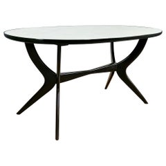 Table de salle à manger moderne du milieu du siècle dernier, bois de hêtre, verre peint à l'arrière d'origine - Italie