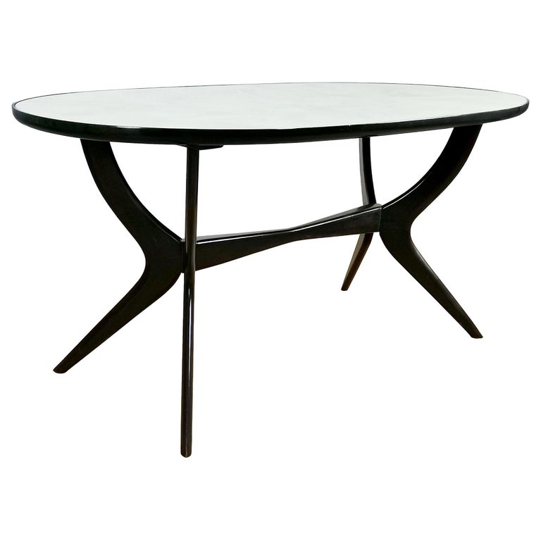 1945-50 Oval Dining Table, Beech Wood, Original Back Painted Glass, Italy For Sale