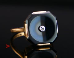 1945 Art Deco Ring natural Diamond 6ct Onyx solid 14K 585 Gold Ø5US / 3.2 gr
