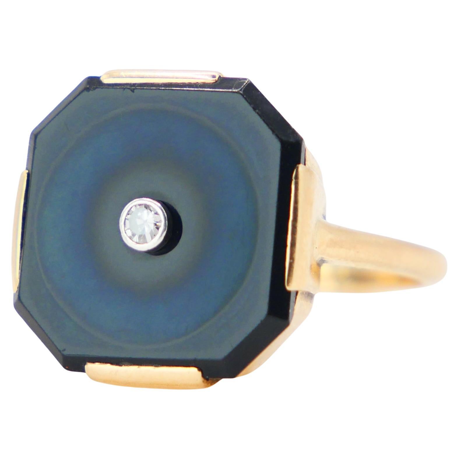1945 Art Deco Ring natural Diamond 6ct Onyx solid 14K 585 Gold Ø5US / 3.2 gr For Sale