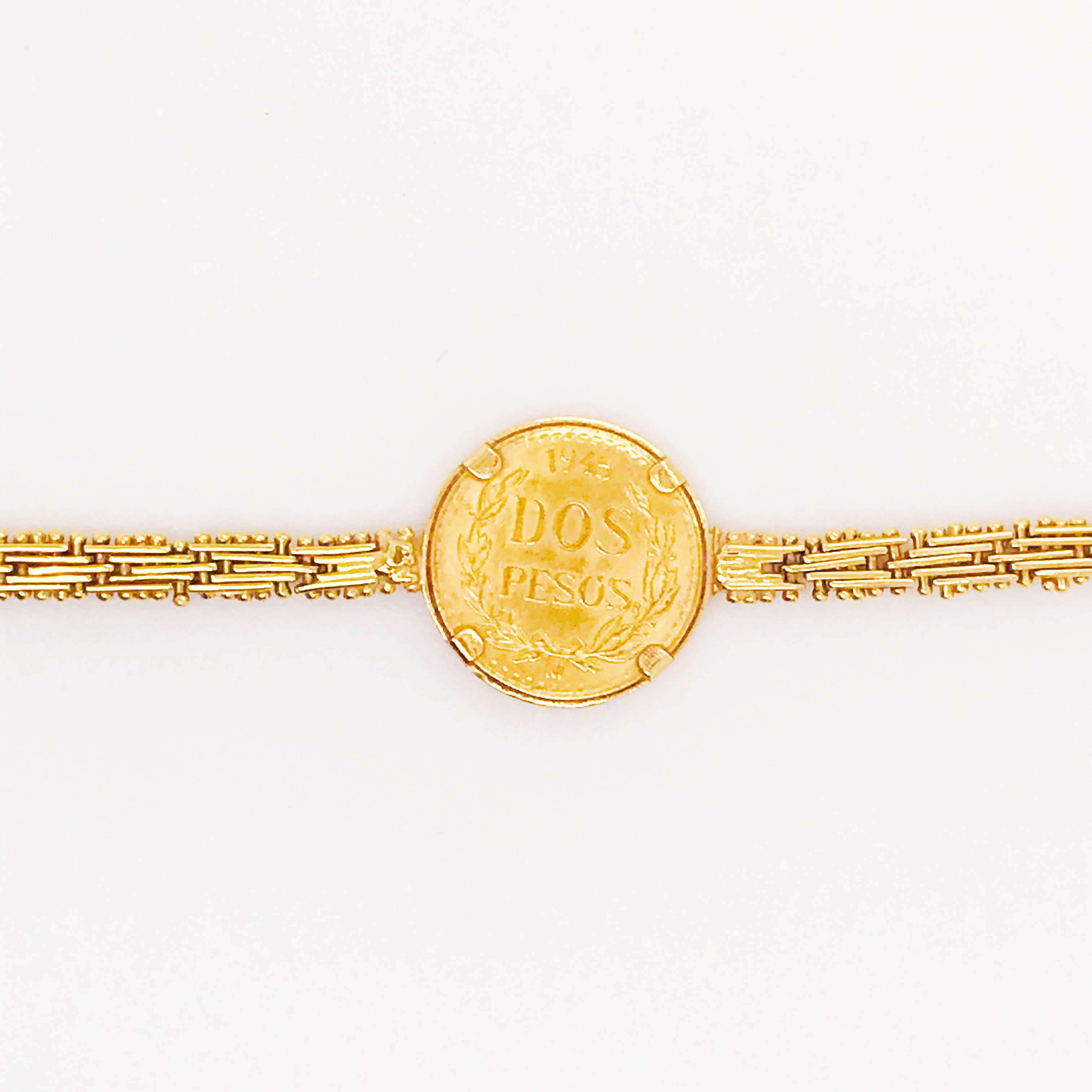This authentic coin bracelet has a 1945 Mexico Dos Peso coin set in a 14k yellow gold coin bezel.  The coin is on a 7 inch handcrafted heavy fancy chain bracelet. Each link has been made by hand specifically for this bracelet design. The bracelet