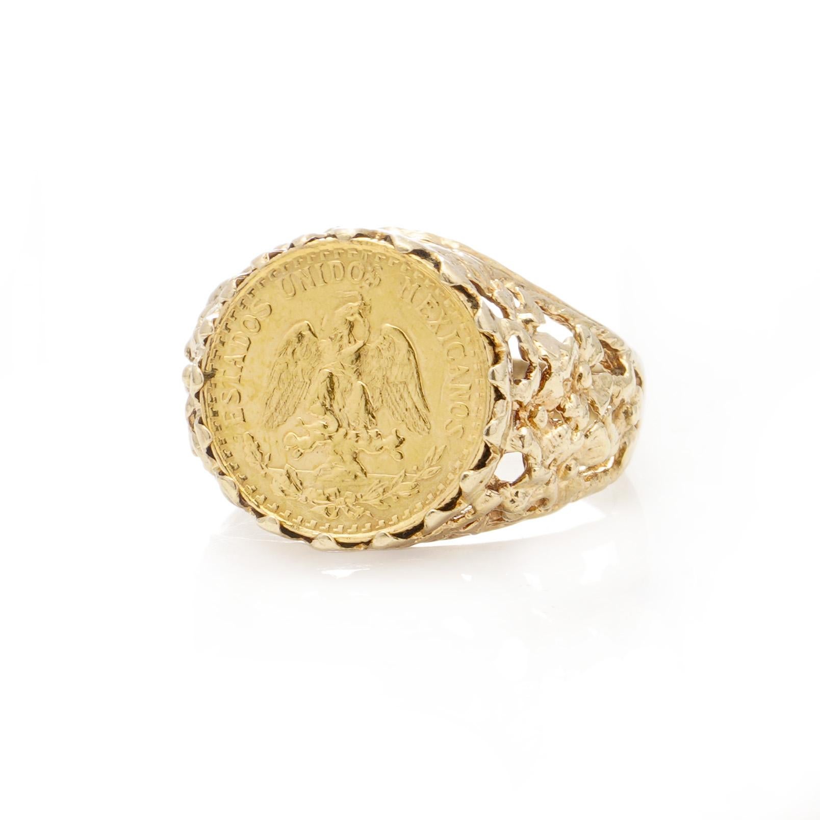 The 1945 Dos Pesos coin, crafted from 22ct gold, is mounted on a 9ct gold ring shank, hallmarked accordingly. The coin's authenticity as 22kt gold has been confirmed through X-ray testing.

The dimensions -
Finger Size (UK) = M (EU) = 54 (US) =