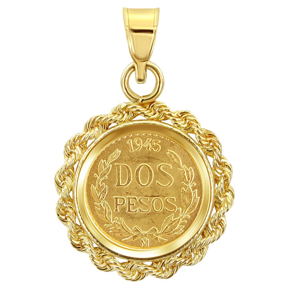 1945 Dos Pesos Gold Coin Fine Gold Necklace  For Sale