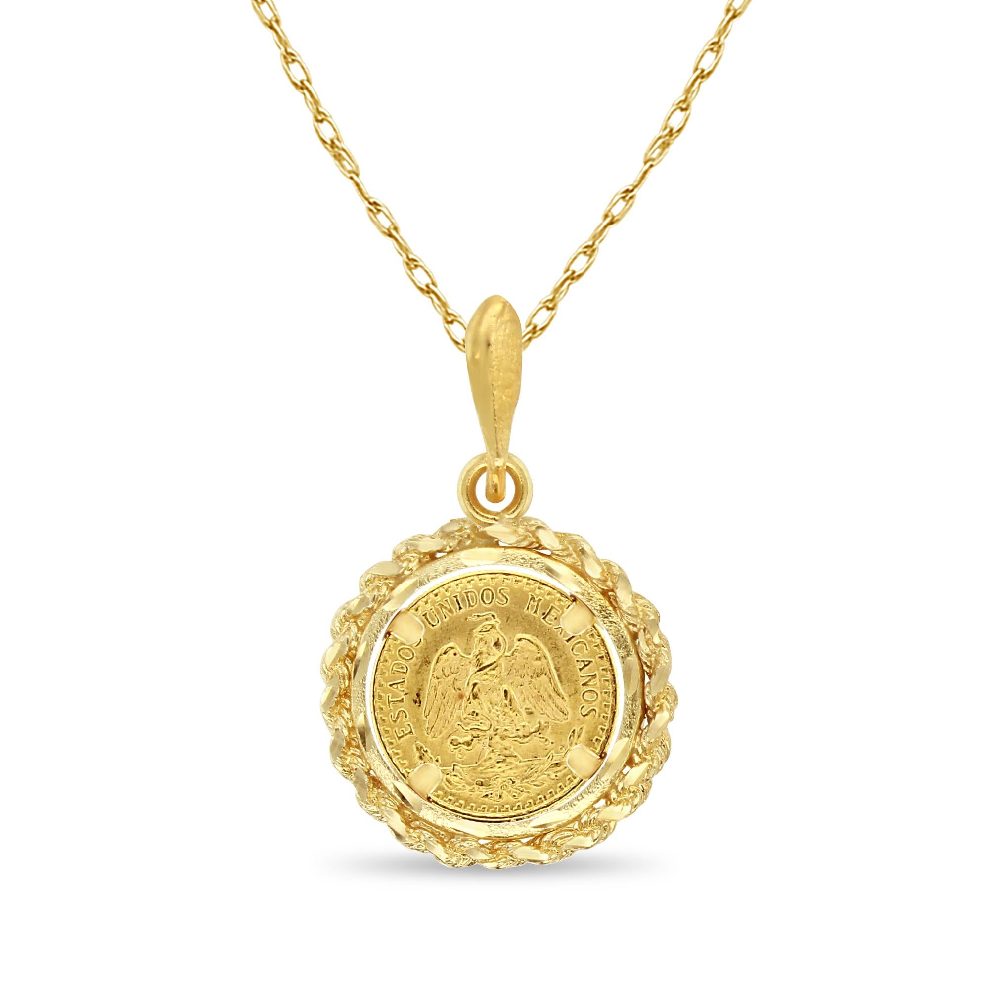1945 Dos Pesos Gold Coin Pendant Necklace with Rope & Diamond Cut Frame  In New Condition For Sale In Sugar Land, TX