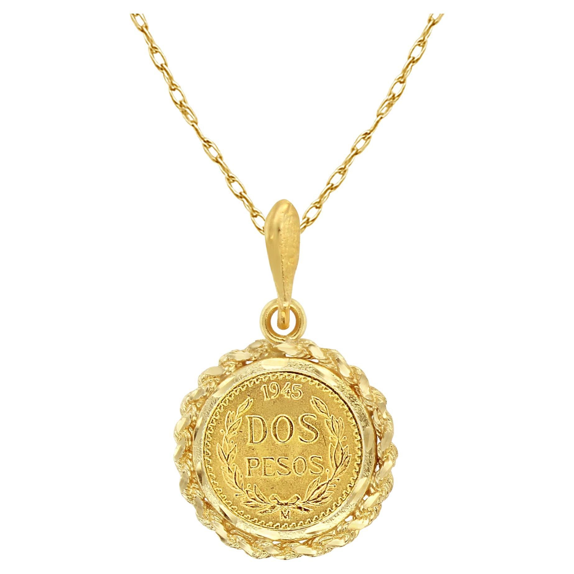 1945 Dos Pesos Gold Coin Pendant Necklace with Rope & Diamond Cut Frame  For Sale