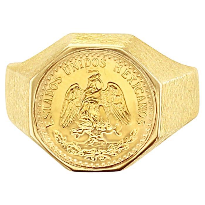 1945 Dos Pesos Gold Coin Ring with Brushed Satin Band Vintage For Sale