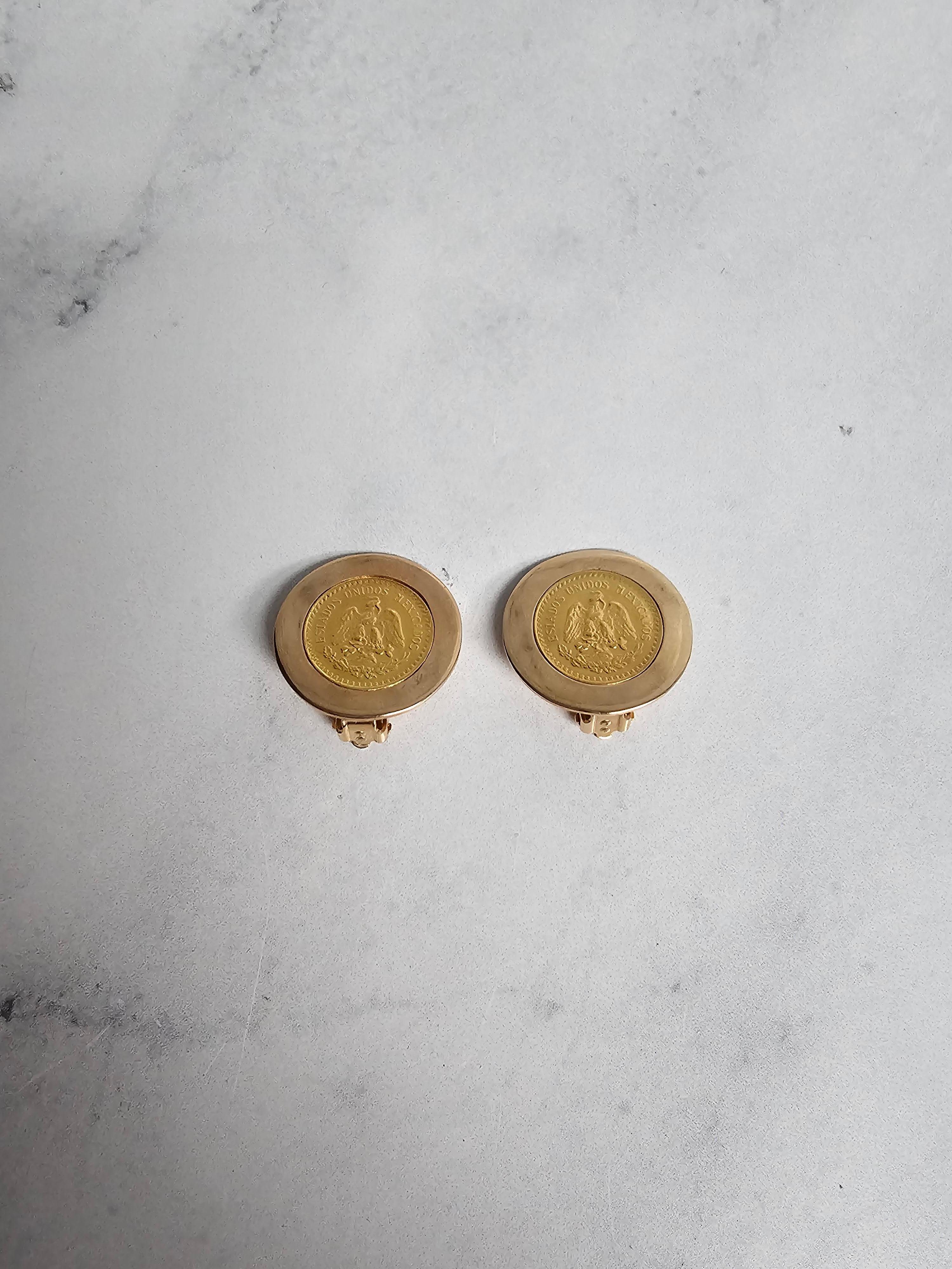 1945 Dos Y Medio Coin Clip On Earrings with Polished Bezel Frame 14k Yellow Gold For Sale 1