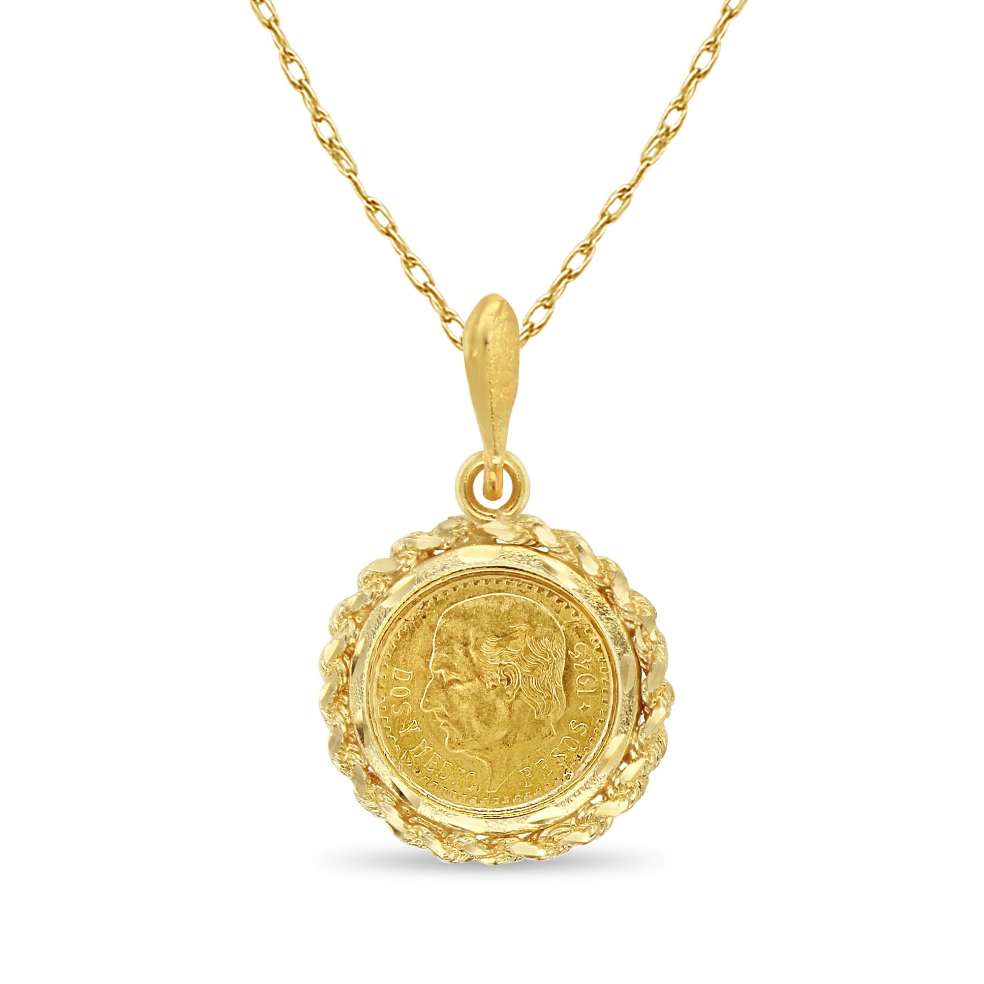 Women's or Men's 1945 Dos Y Medio Gold Coin Pendant Necklace with Rope & Diamond Cut Frame For Sale