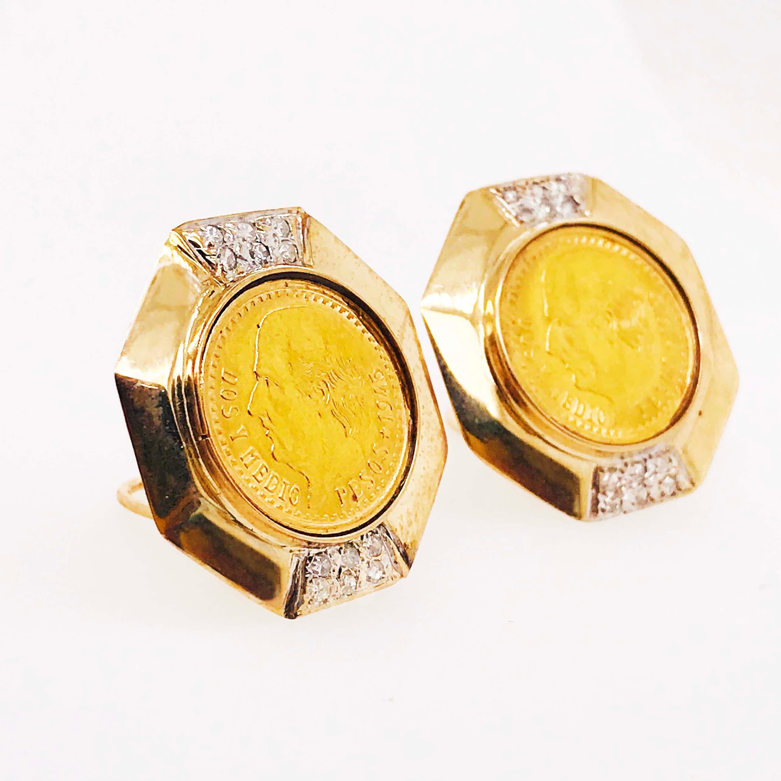 These authentic Mexico coin earrings have an original Mexico Dos Y Medio Peso coin set in a 14k yellow gold diamond coin bezel on each earring.  The bezels are an octagon shape with the top and bottom paved with round diamonds! The diamonds are set