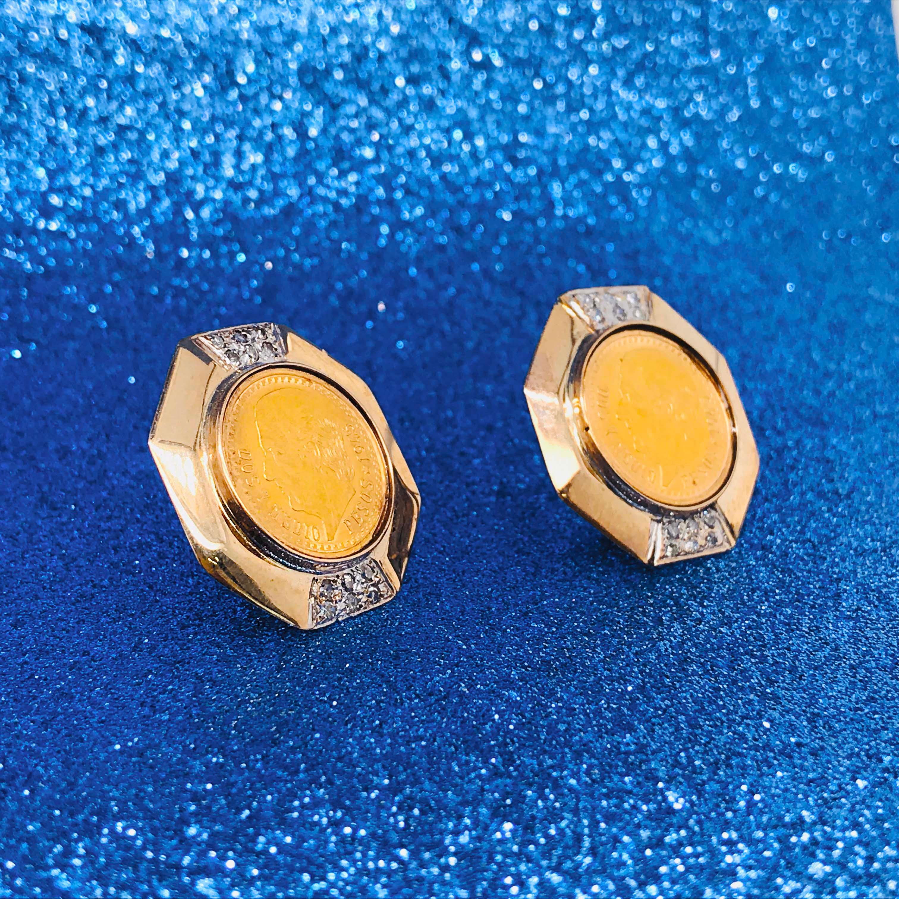 Modern 1945 Dos Y Medio Peso 2/5 Carat Diamond Custom Coin Bezel Earrings in 14K Gold