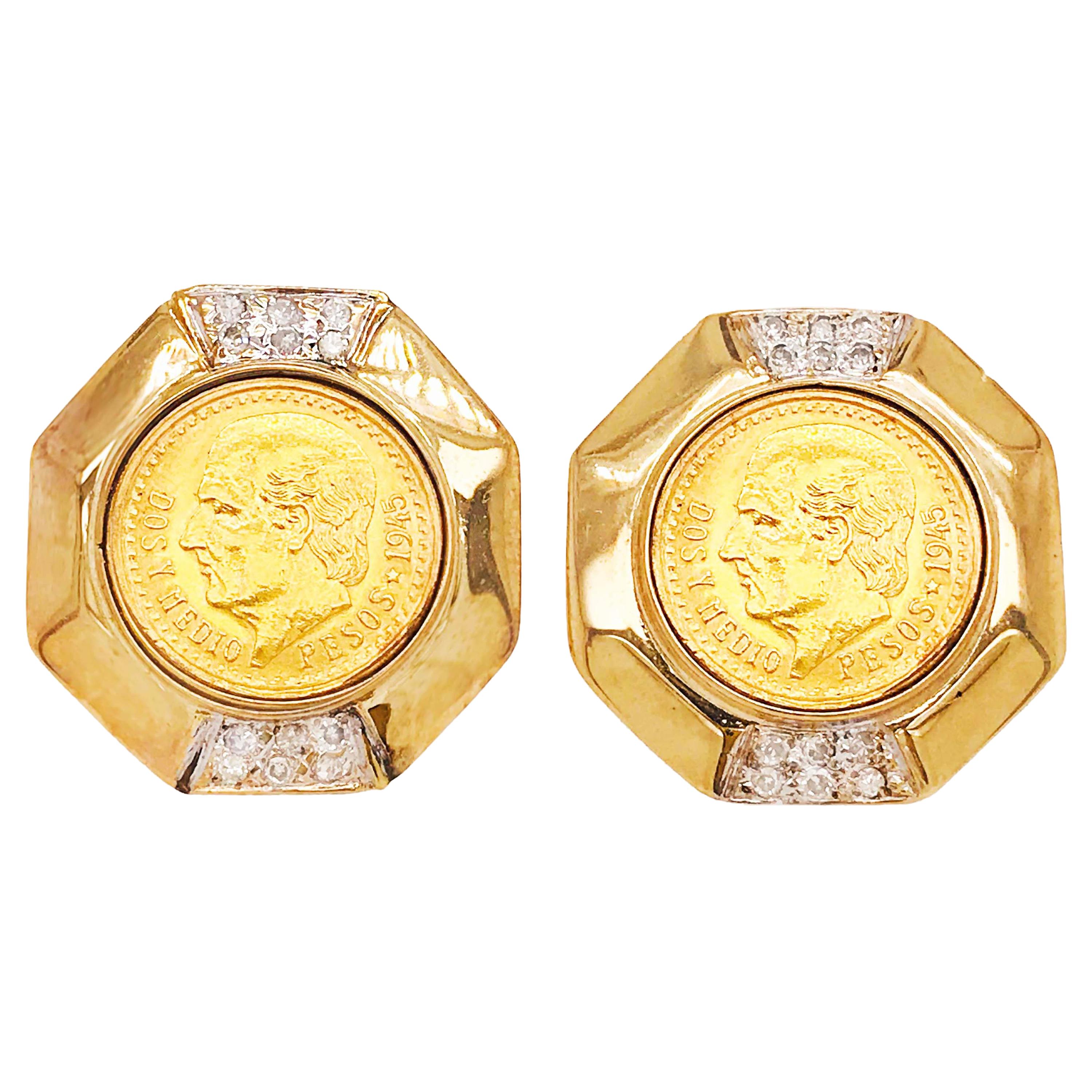 1945 Dos Y Medio Peso 2/5 Carat Diamond Custom Coin Bezel Earrings in 14K Gold