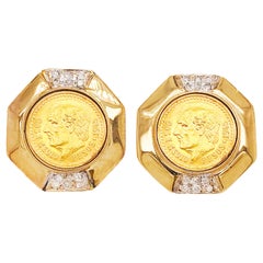 1945 Dos Y Medio Peso 2/5 Carat Diamond Custom Coin Bezel Earrings in 14K Gold