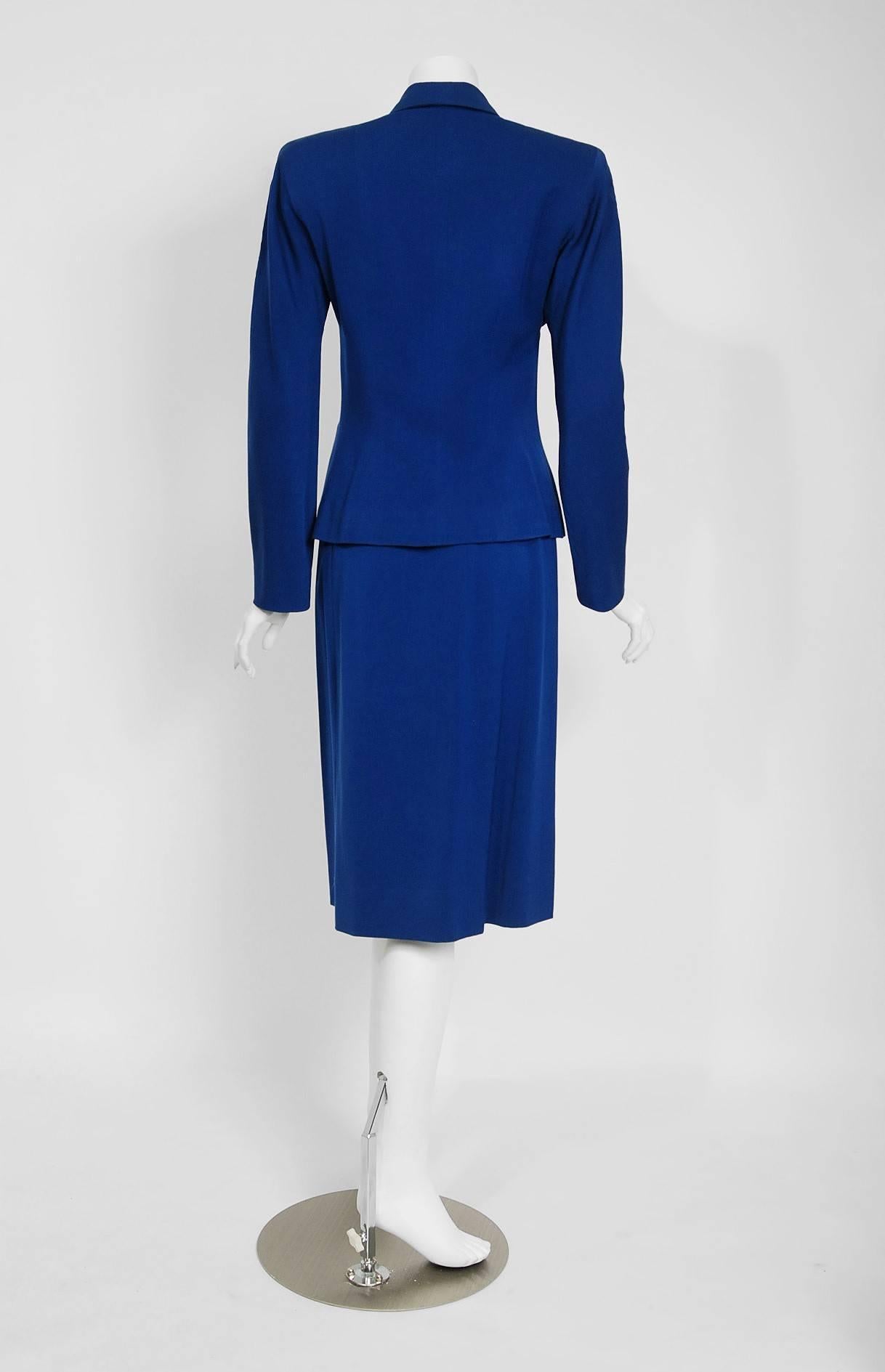 Women's Fred A. Block Blue and Ivory Gabardine Block-Color Deco Jacket Skirt Suit, 1945 