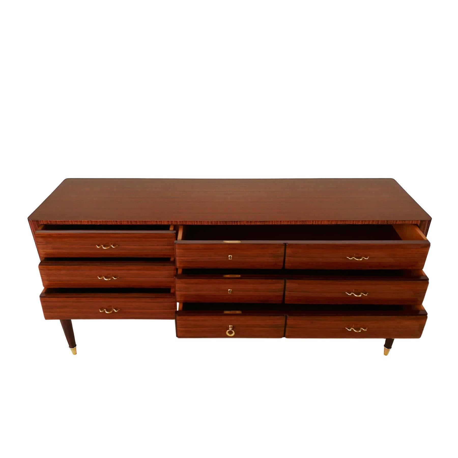 Mid-20th Century Large Mid-Century Modern Commode in Zebra Wood, Mahogany and Brass - Italy For Sale