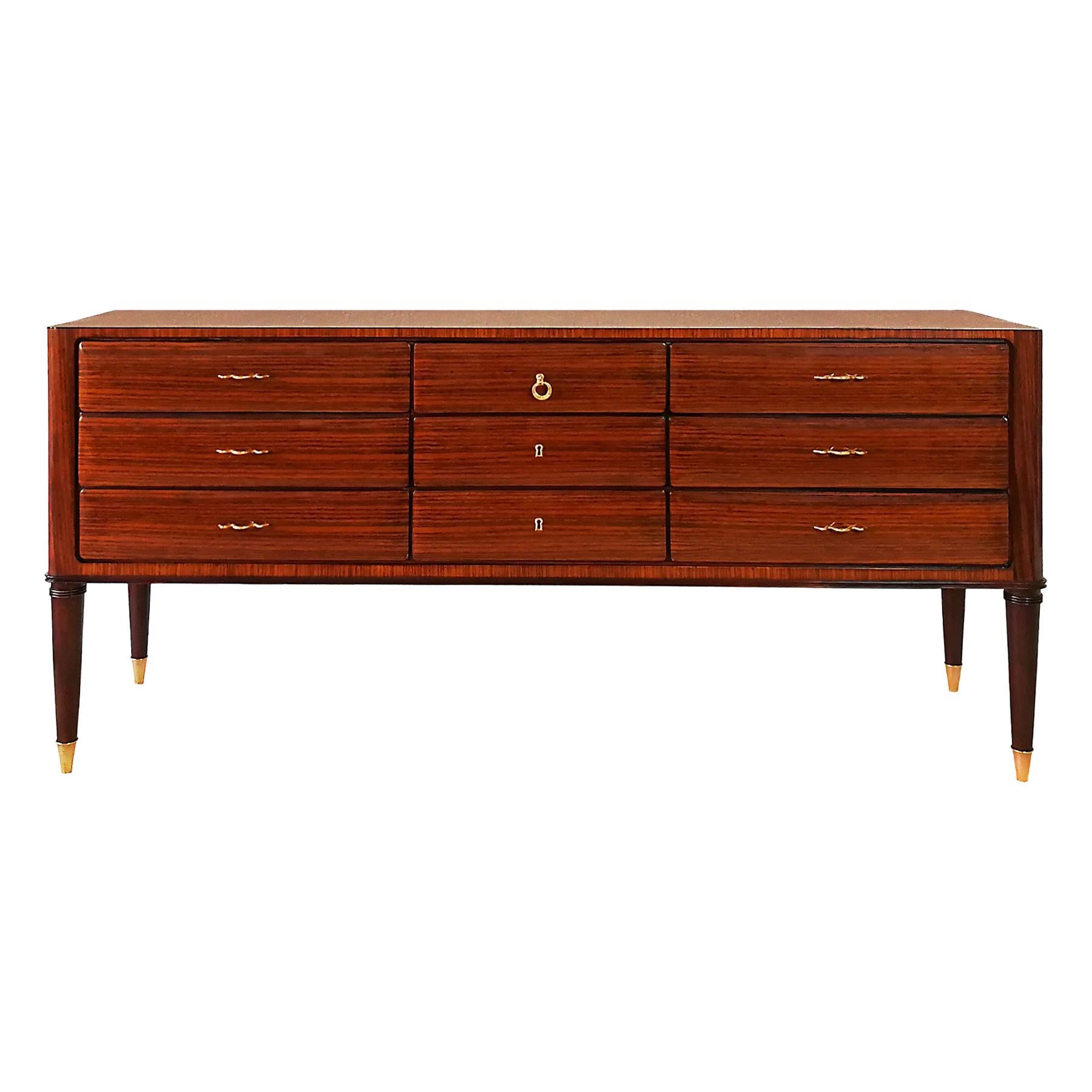 Large Mid-Century Modern Commode in Zebra Wood, Mahogany and Brass - Italy For Sale