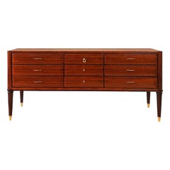Large Mid-Century Modern Commode in Zebra Wood, Mahogany and Brass - Italy
