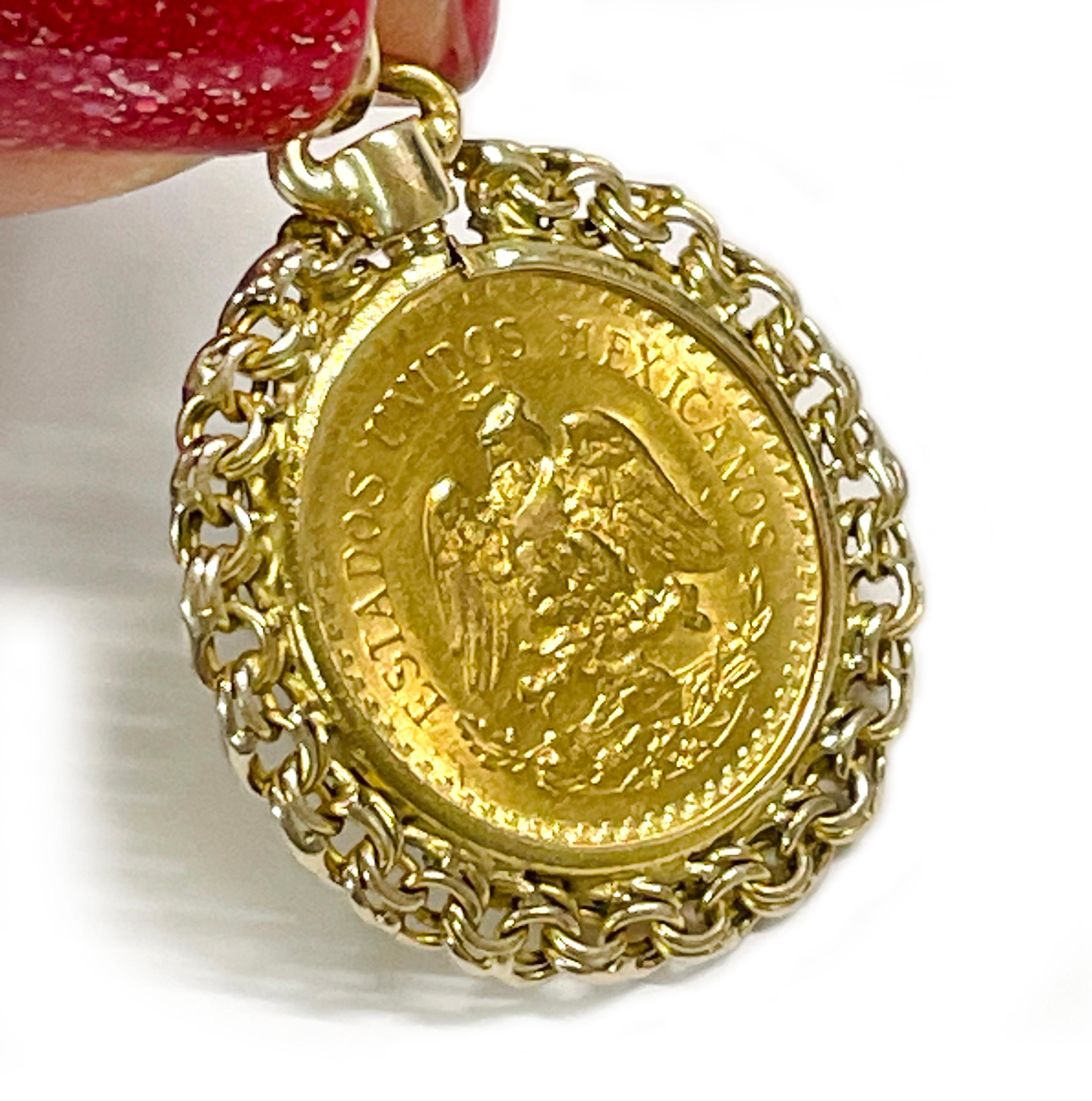 1945 Mexican Dos Y Medio Peso Coin Pendant. One side of the coin features the national coat of arms of Mexico (eagle with serpent/snake in its mouth) and reads Estatdos Unidos Mexicanos. The other side of the coin reads 