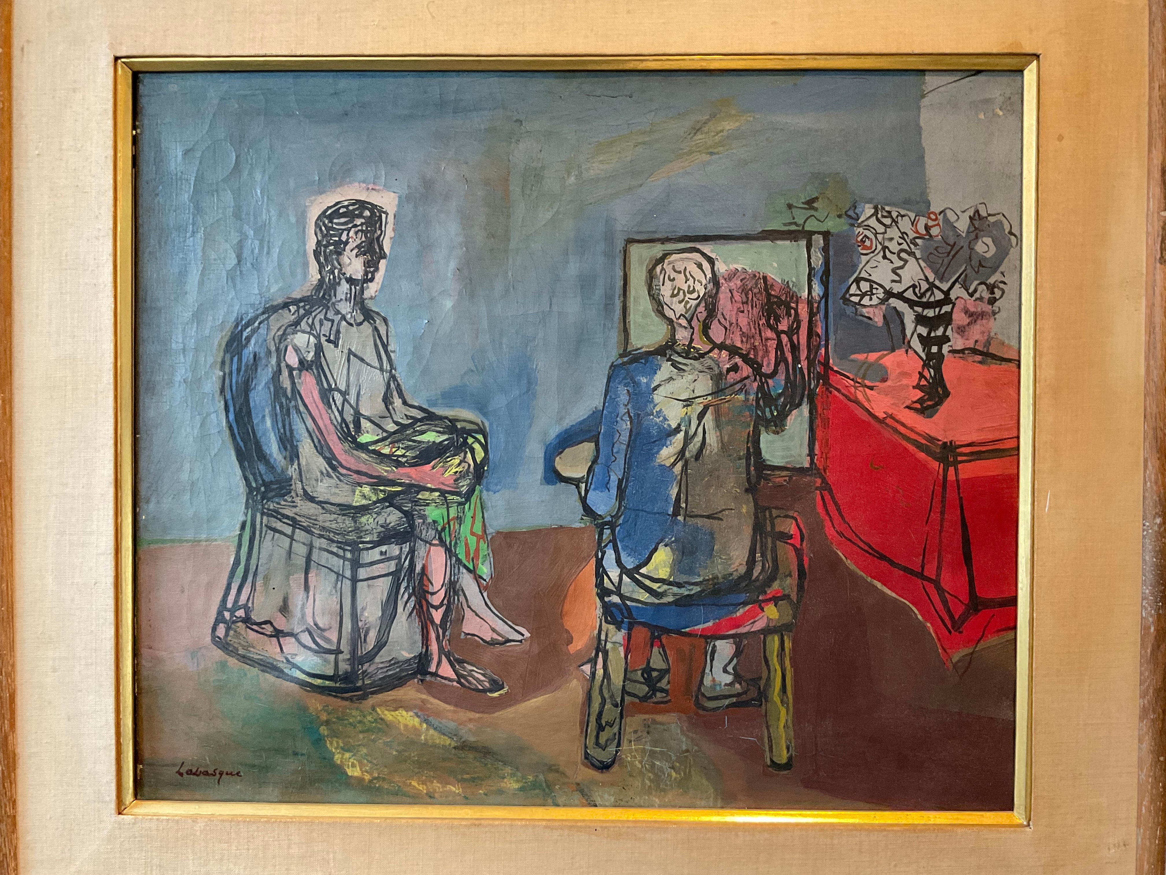 1945 Öl auf Leinwand eines Künstlers, der sein Thema malt. Gemalt von Labasque. 2 alte Labels aus einer Pariser und einer New Yorker Galerie. Einige Lackschäden wie auf dem Foto zu sehen. Matt befleckt.