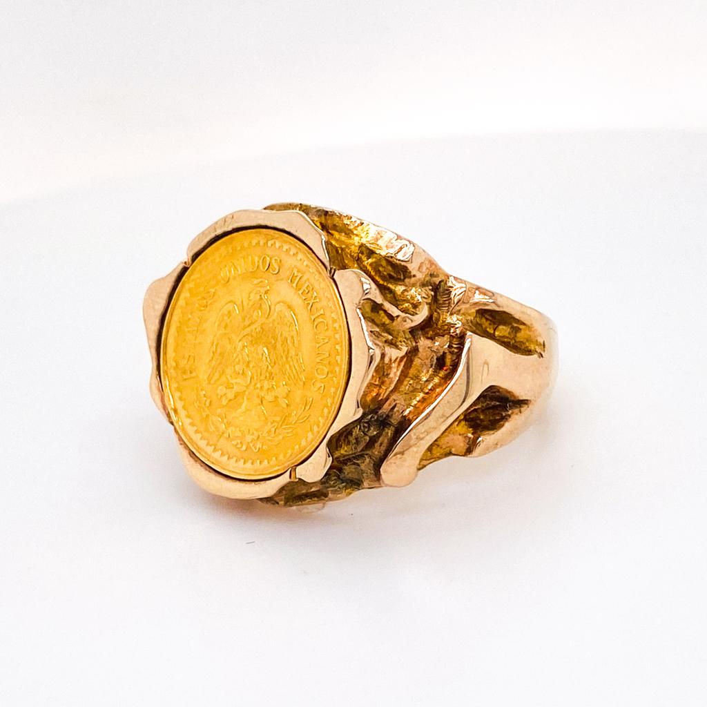 Artisan 1945 Peso Coin Nugget Design Ring, 2-1/2 Pesos 22K Gold in 14K Yellow Gold For Sale
