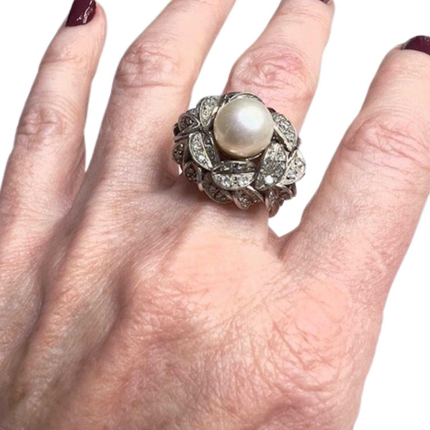 Single Cut 1945 Retro Style with Diamonds and Pearl Platinum Ring For Sale