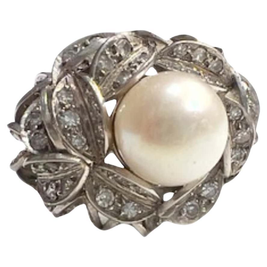1945 Retro Style with Diamonds and Pearl Platinum Ring For Sale