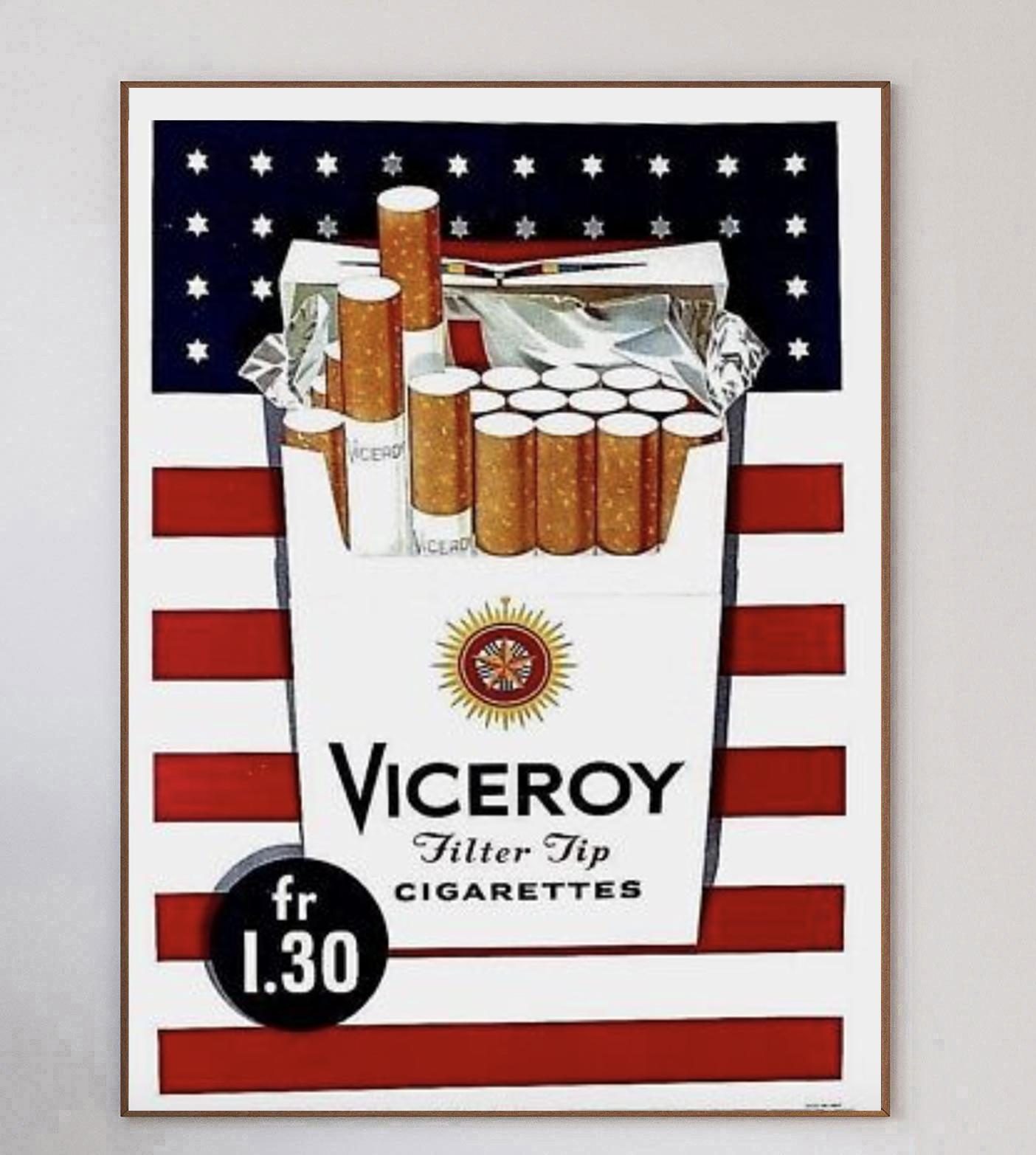 Introduced in 1936, this poster for American cigarette brand Viceroy was created in 1945. Depicting a pack of cigarettes in front of the American flag, the Swiss release poster shows the price of the pack was 1.30Fr. 

This brilliant and