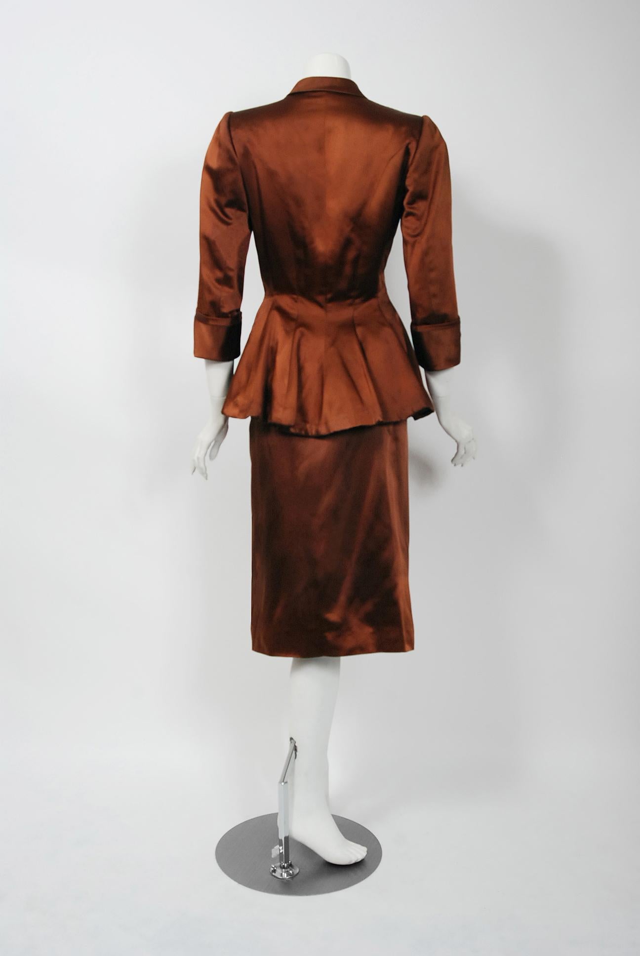 Brown 1946 Balenciaga Haute-Couture Copper Satin Tailored Peplum Jacket and Skirt Suit