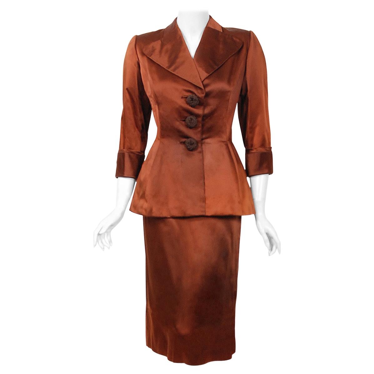 1946 Balenciaga Haute-Couture Copper Satin Tailored Peplum Jacket and Skirt Suit