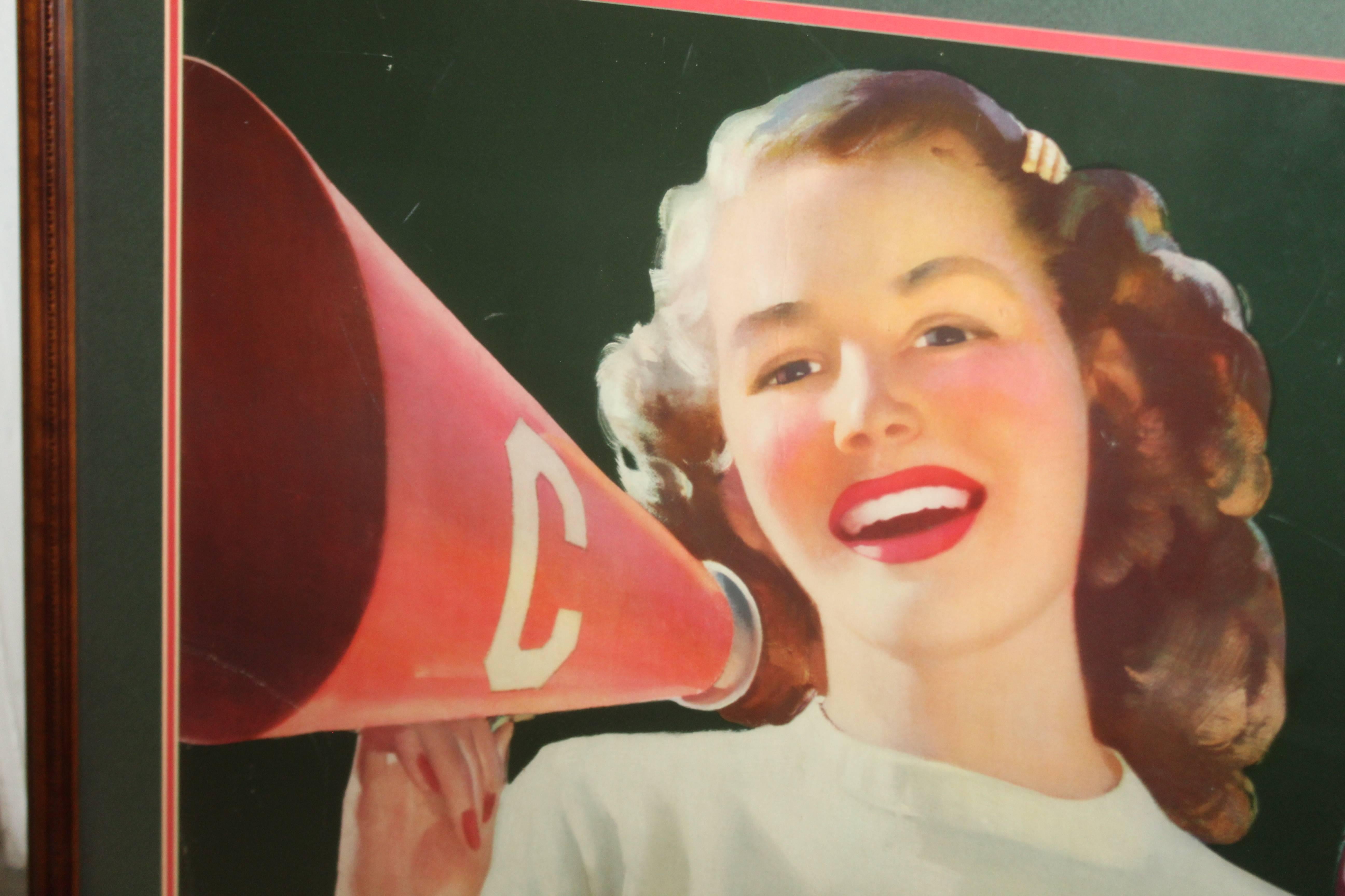 Mid-Century Modern 1946 Coca Cola Cardboard Poster Litho Display Cheerleader Sign Framed For Sale